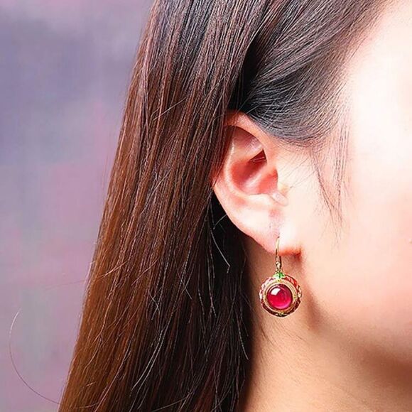 Vintage-Inspired Red Enamel Cabochon Drop Earrings - Picture 4 of 10
